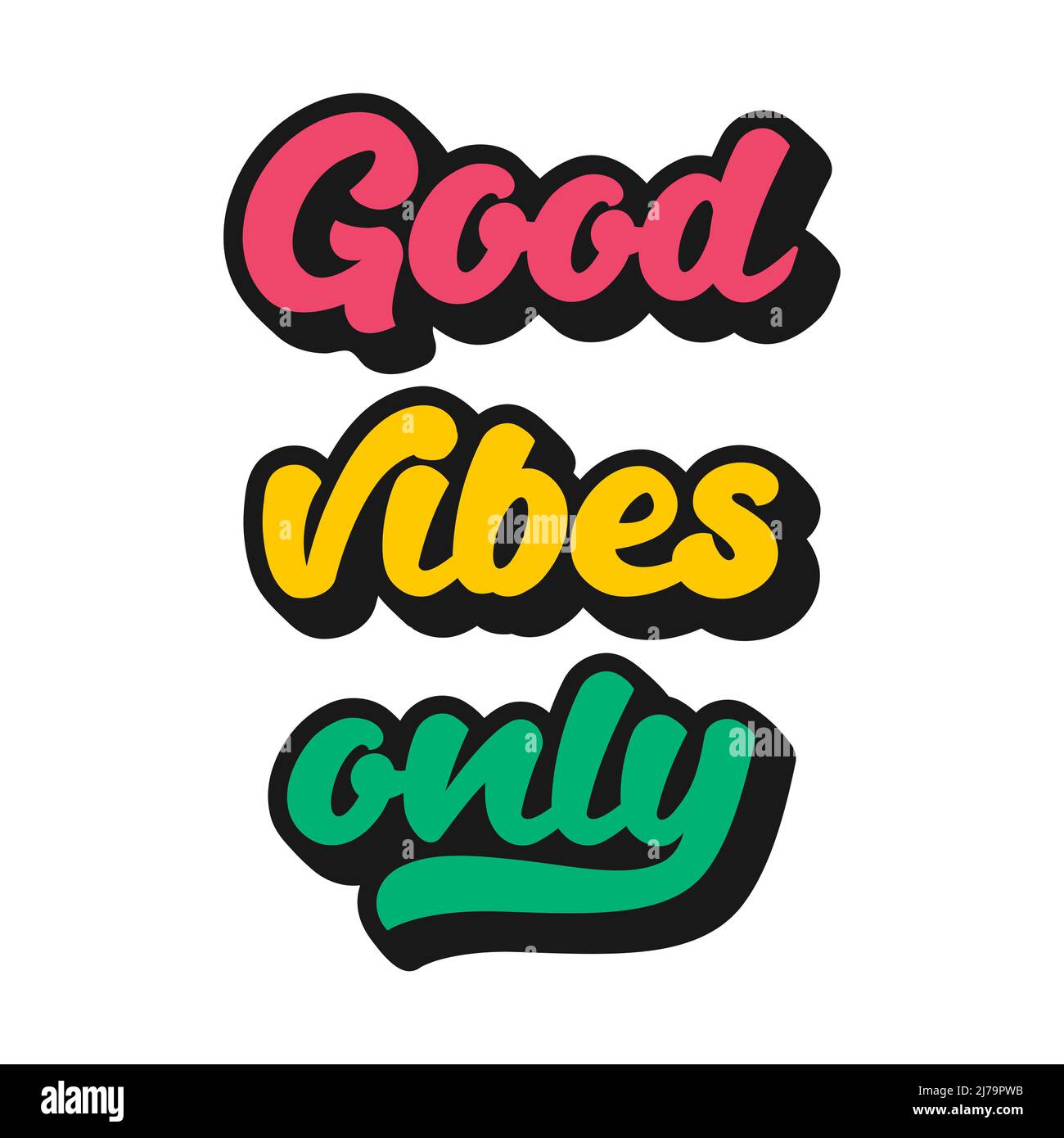 Typografische Phrase nur gute Vibes. Ein inspirierendes, positives Zitat. Vintage-Schriftzug mit extrudiertem Schatten. Vektortext-Illustration isoliert auf whit Stock Vektor