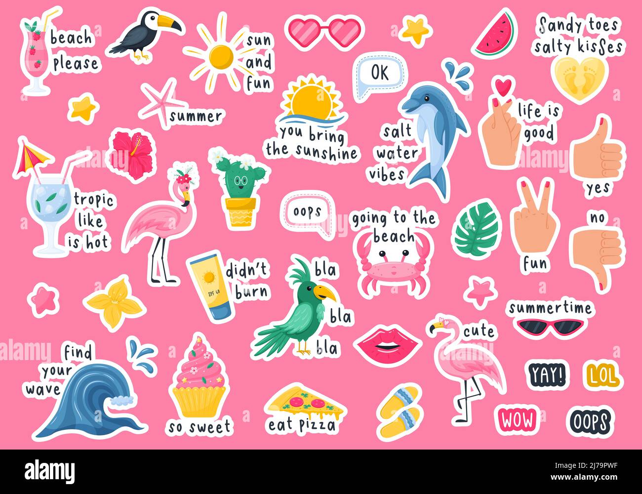 Ein Set von Sommer-Stickern mit Phrasen. Cocktail, Flamingo, Kaktus, Papagei, Krabben. Aufkleber mit handschriftlichen Aufschriften mit weißem Umriss. Farbe ve Stock Vektor