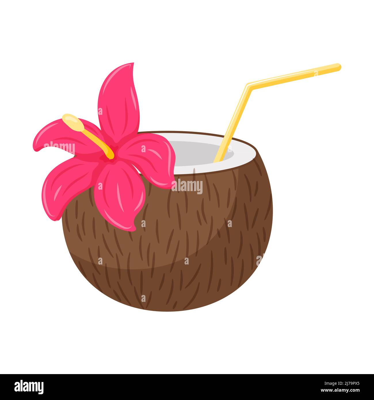Kokosnusscocktail mit Stroh und Hibiskusblüte. Ein erfrischendes Getränk am Strand im Sommer. Ein Symbol für eine Strandparty. Vektorgrafik in einem flachen Cartoon Stock Vektor