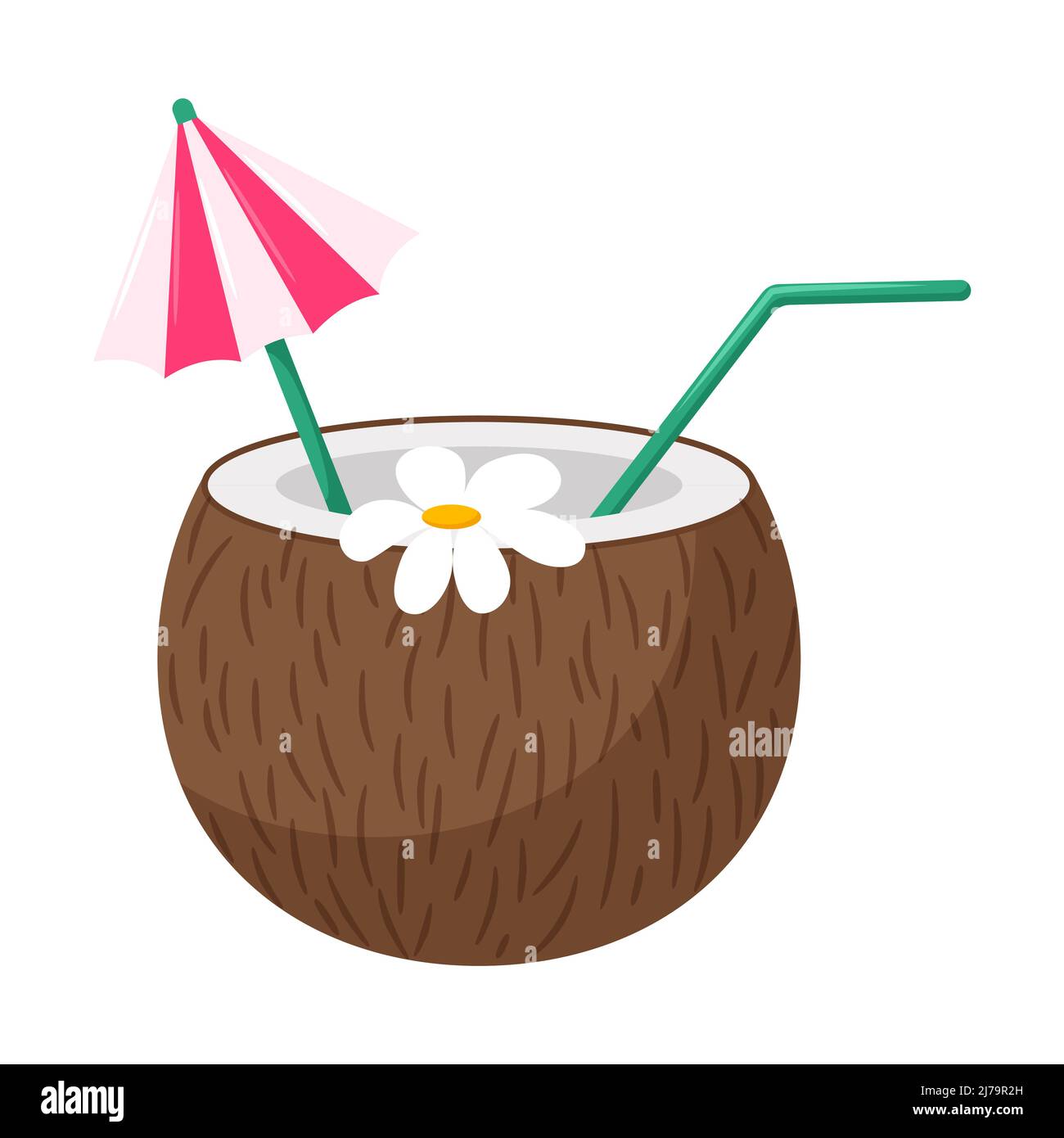 Kokosnusscocktail mit Stroh, Regenschirm und Blume. Ein erfrischendes Getränk am Strand im Sommer. Ein Symbol für eine Strandparty. Vektor-Illustration in einer flachen Cartoon-st Stock Vektor