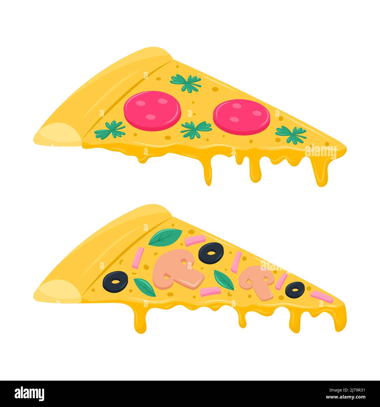 Zwei Scheiben Pizza mit Oliven, Petersilienblättern, Wurst und Champignons. Italienische Küche mit tropfendem geschmolzenem Käse. Vektorgrafik in einem flachen Wagen Stock Vektor