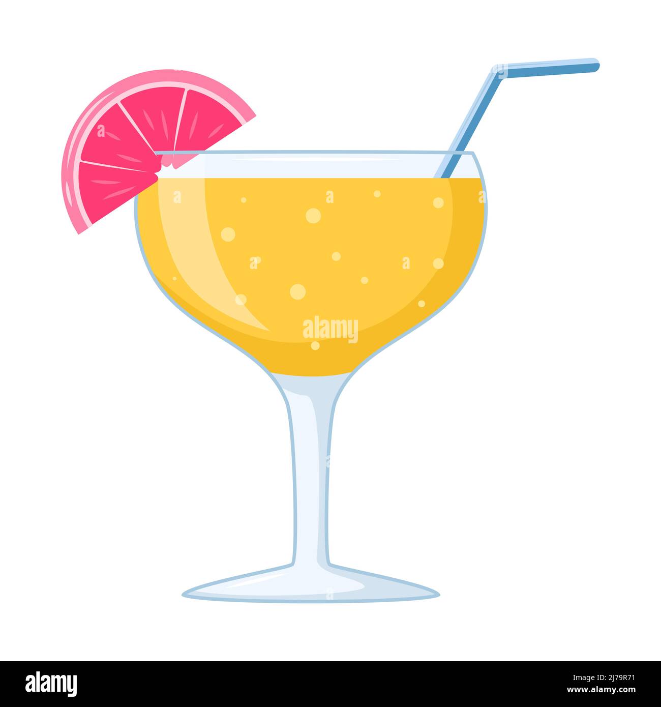 Sommercocktail am Strand. Ein erfrischendes Mixgetränk mit Zitrusfrüchten, Grapefruit in einem transparenten Cocktailglas mit Stroh. Gesundes Getränk im Cartoon-Stil Stock Vektor