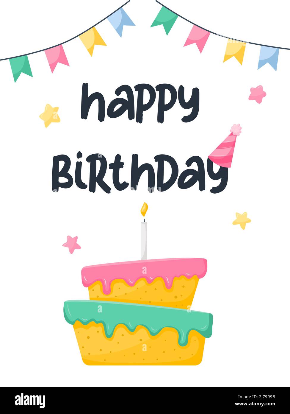 Geburtstagskarte mit Kuchen und Kerze, festlicher Mütze, Sternen und Fahnen. Alles Gute zum Geburtstag. Rechteckige Karte. Vektor-Illustration in einem flachen Cartoon-Stil auf Stock Vektor