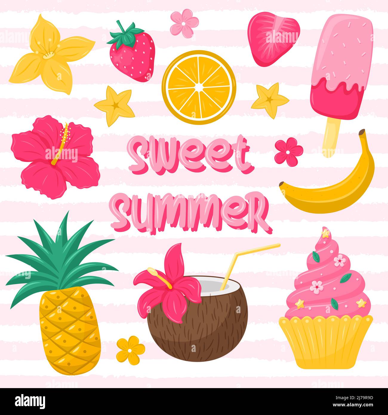Süßer Sommer. Eine quadratische Postkarte mit Text und hellen Sommerfrüchten, Süßigkeiten und Eis. Saisonale Süßspeisen, Symbole des Sommers. Vektorgrafik Stock Vektor