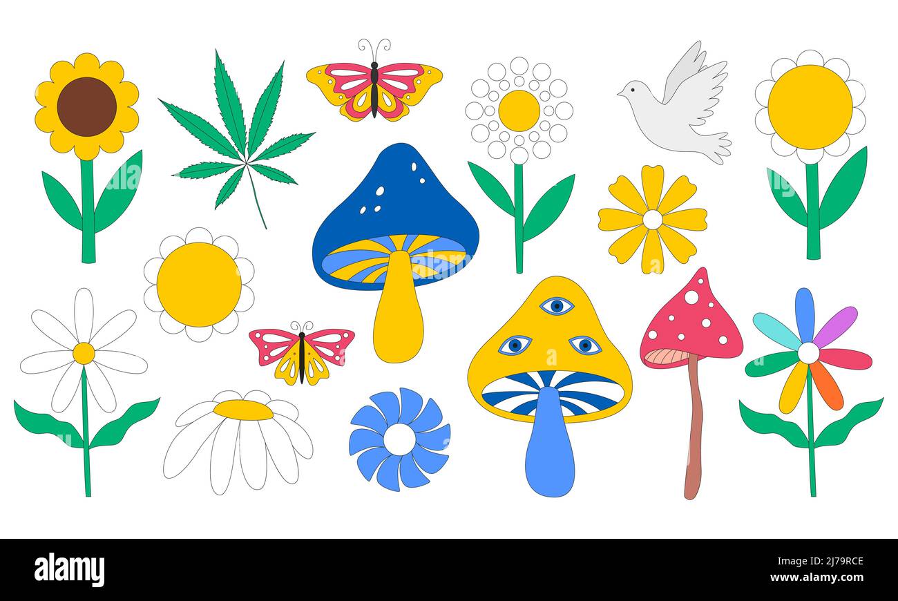 Set mit Retro-Blumen, psychedelischen Pilzen mit Augen, Schmetterlingen. Gänseblümchen, Hanfblatt, Blume mit Smiley-Gesicht, Taube. Vektorgrafiken in Farbe Stock Vektor
