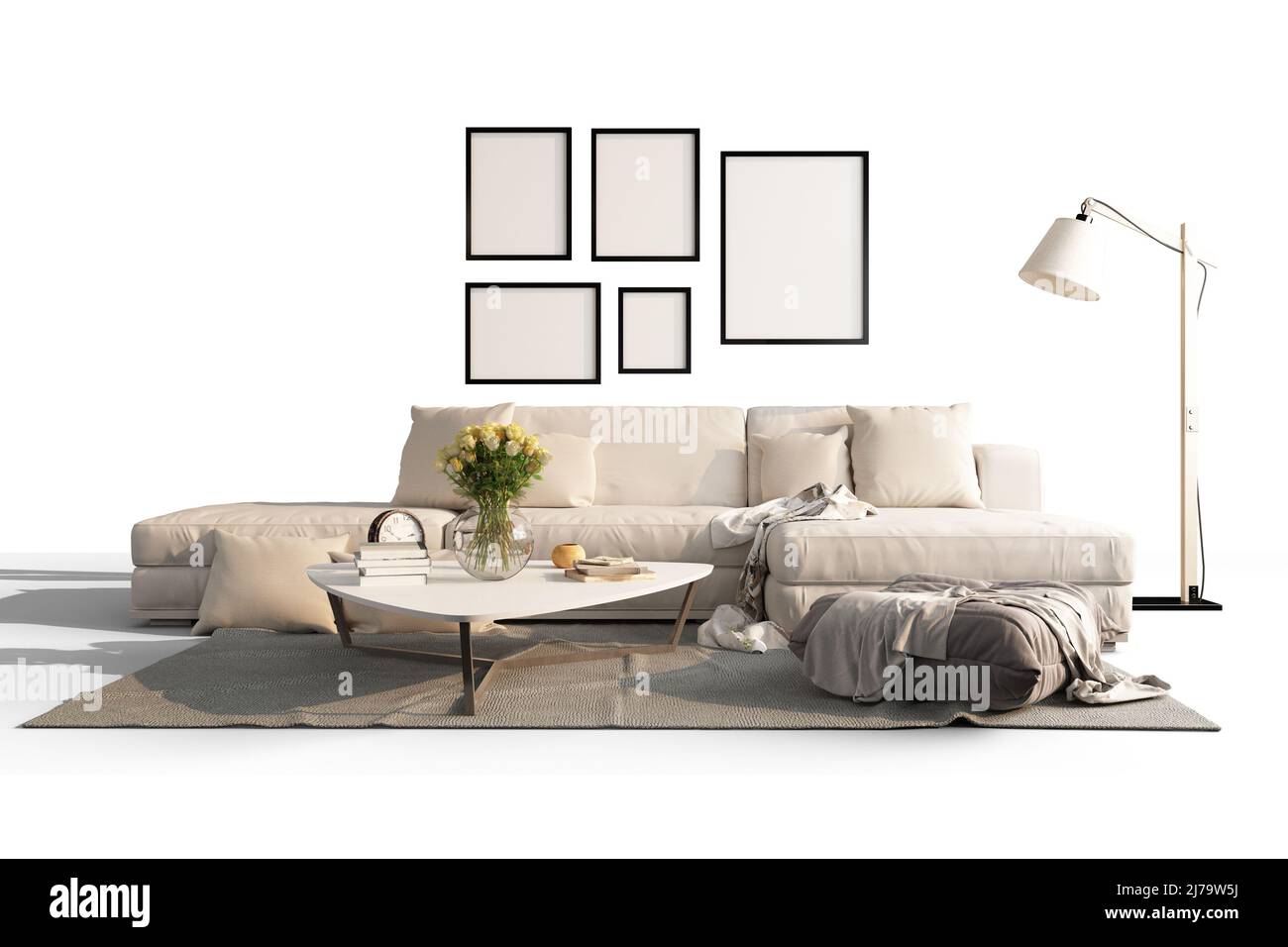 Modernes minimalistisches Wohnzimmer in weißem Stil mit Sofa, kleinem Tisch, Stehlampe, Bilderrahmen. 3D Rendern. Stockfoto