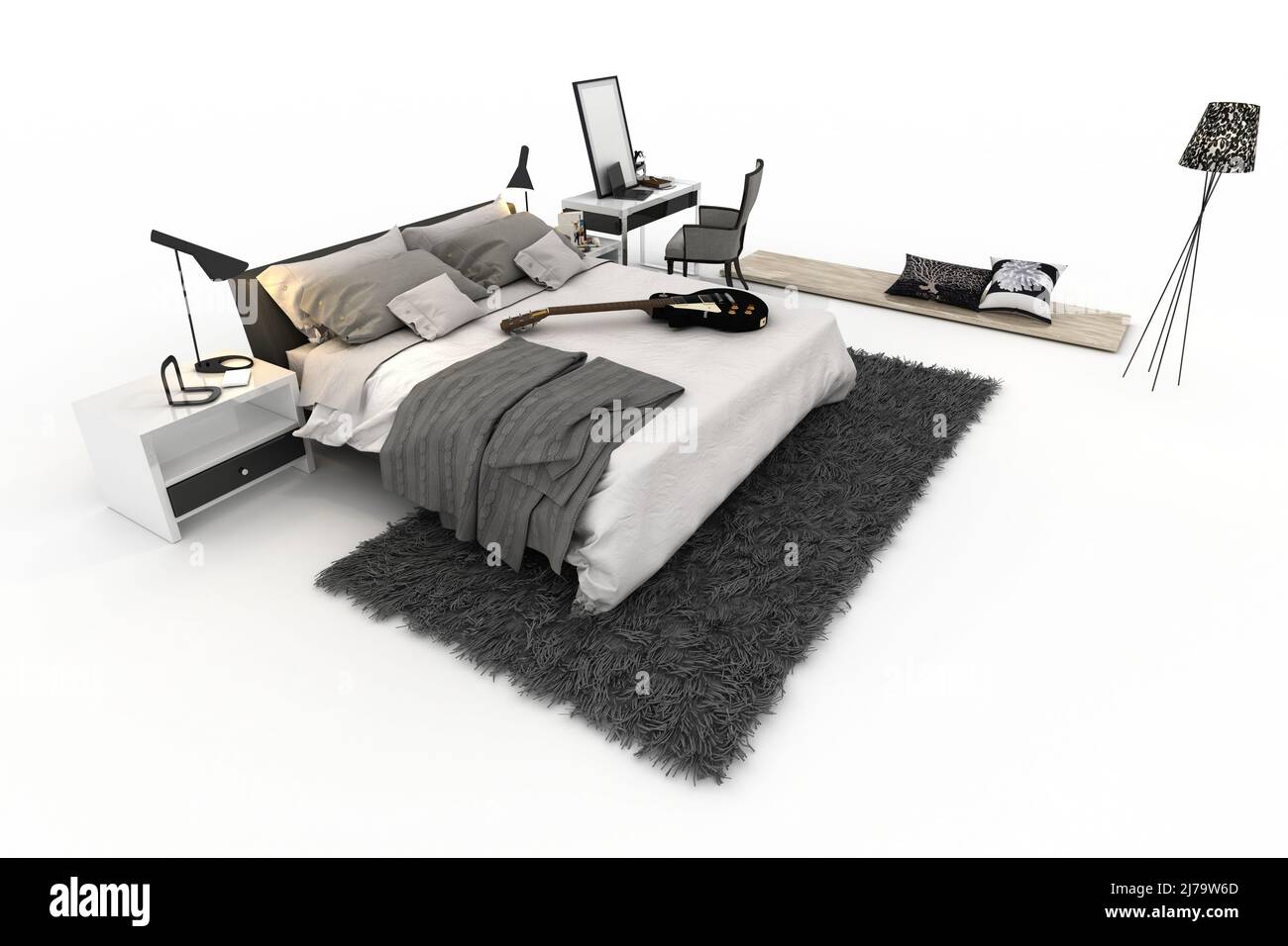Minimalistisches Schlafzimmer in weißem Stil. 3D Rendern. Stockfoto