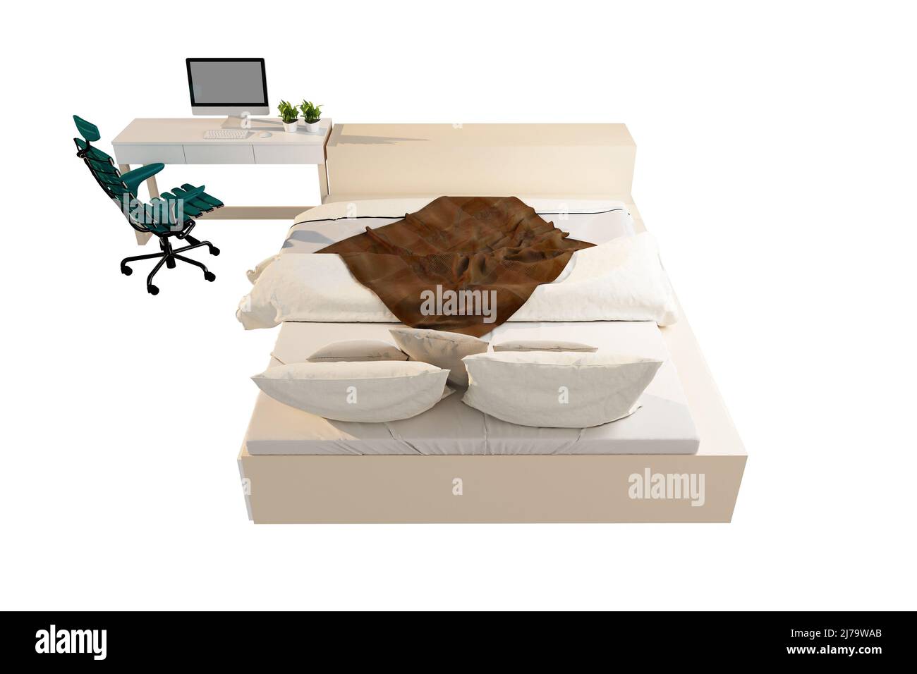 Schlafzimmer Bett, Computer, Tisch und Stühle isoliert auf weißem Hintergrund, 3D Rendering. Stockfoto