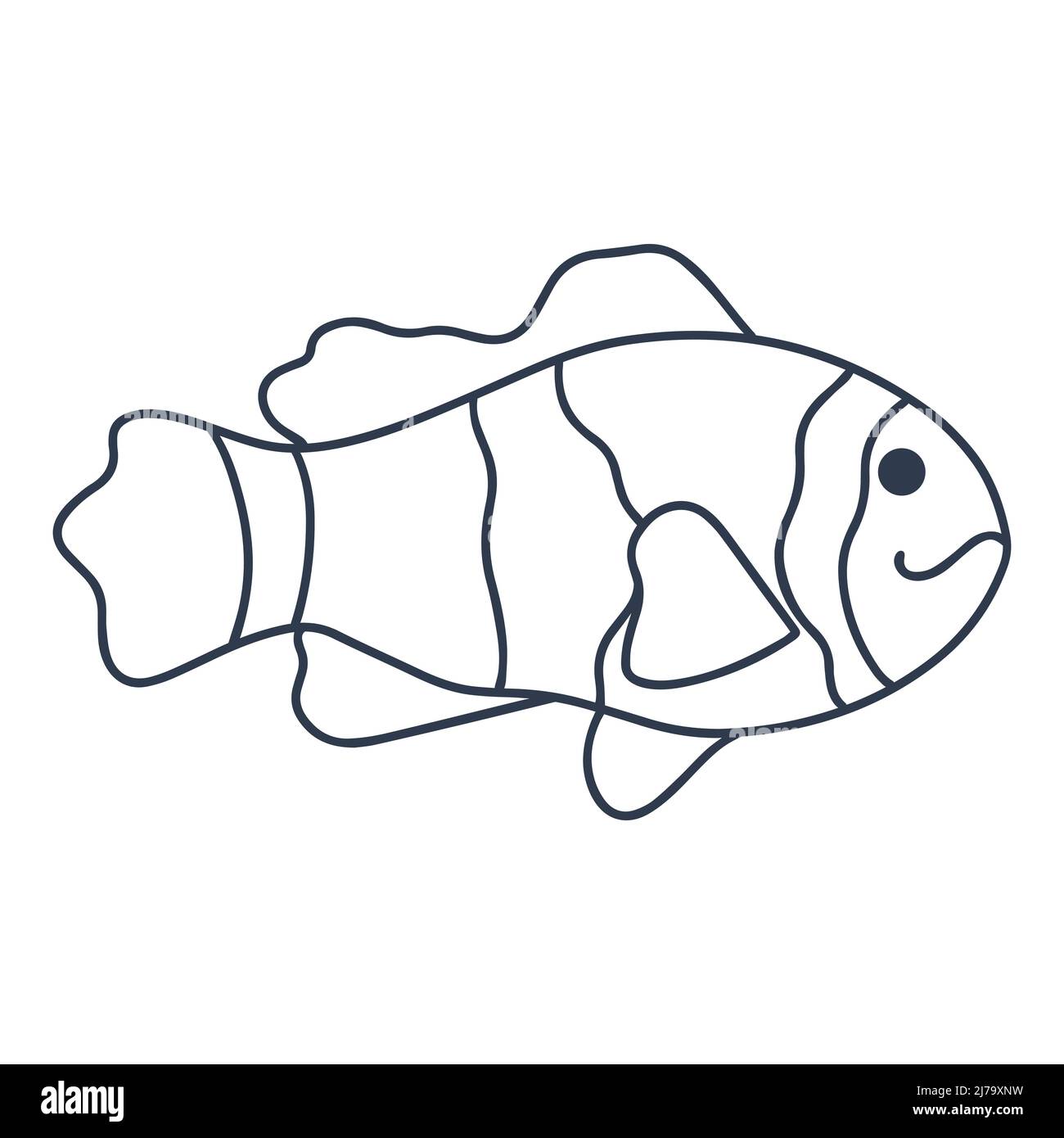Vektor-Illustration für einzelne Fische im Meer oder Fluss. Isolierte Silhouette der Unterwasserwelt. Schwarz gestreifter Fisch mit schönen Flossen-Doodle-Stil auf weißem Backgro Stock Vektor