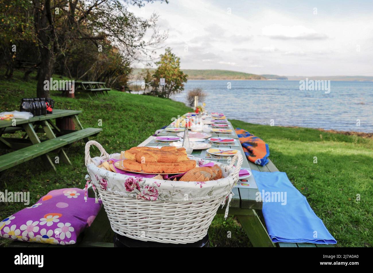 Ein schicker Picknicktisch voller Nahrung am See im Sommer Stockfoto