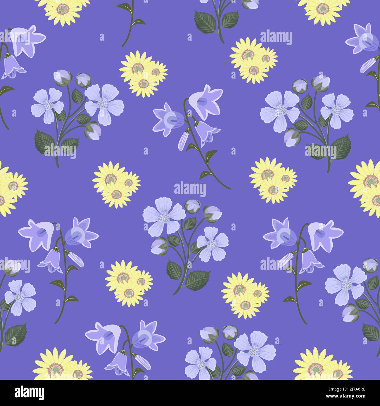 Nahtloses Muster mit Sonnenblumen, Glockenblumen und Brombeerblüten Stock Vektor