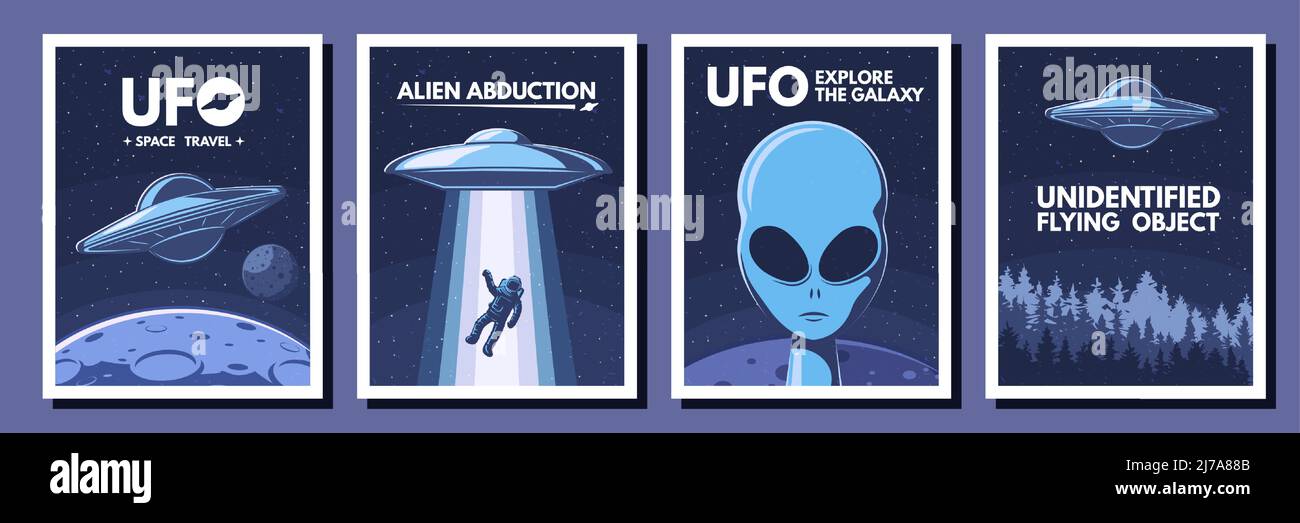Space UFO-Poster. Retro Alien, fliegendes Objekt und Raumfahrt Vektor Illustration Set Stock Vektor