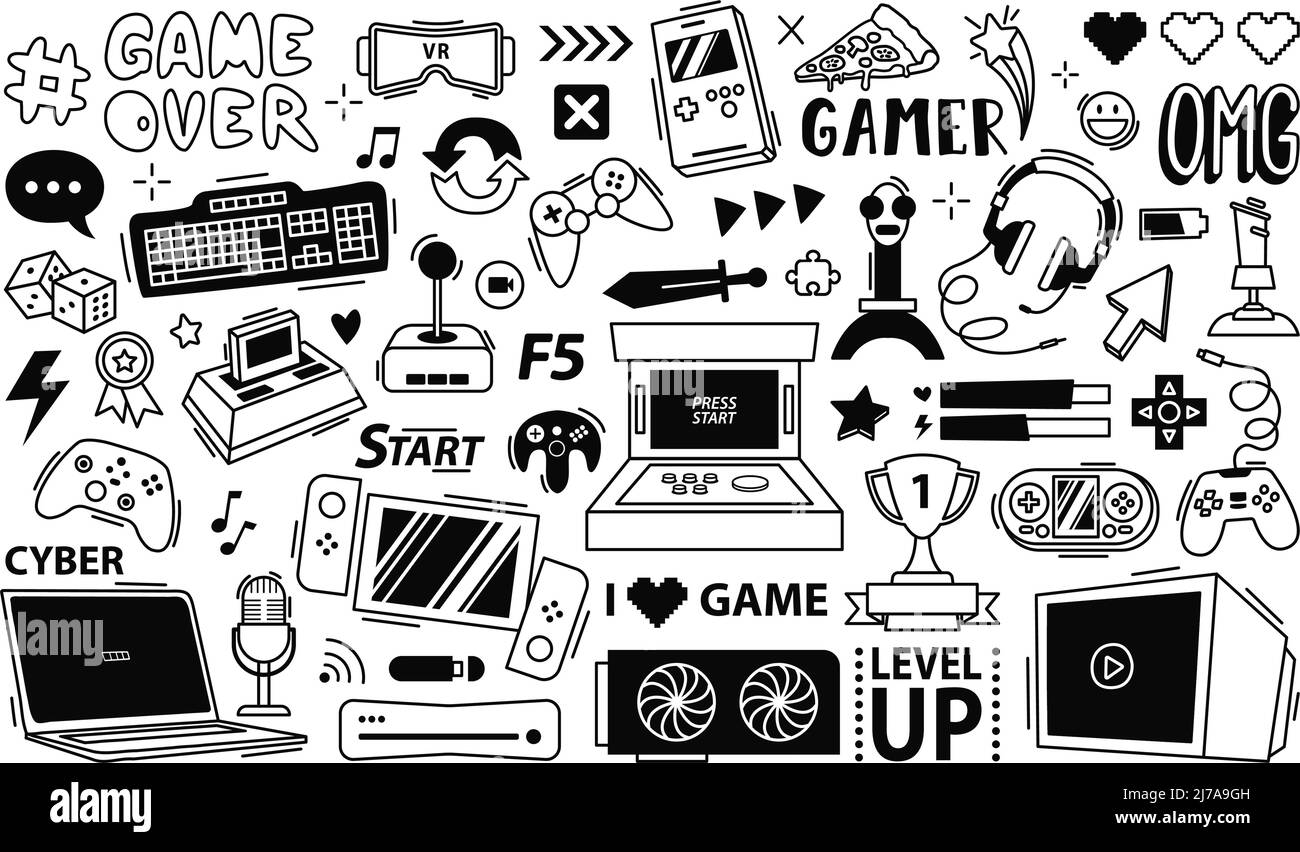 Gaming-Streaming-Doodle. Game Gadgets, Gamer-Ausrüstung und Cyber-Sport-Spiele Controller Vektor-Set Stock Vektor