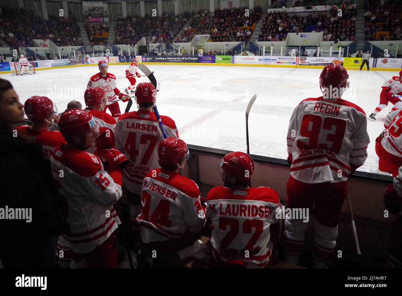 Coventry, England, 7. Mai 2022. Der Blick von der dänischen Bank während ihres Spiels gegen Großbritannien im Skydome, Coventry. Copyright Colin Edwards / Alamy Live News Stockfoto