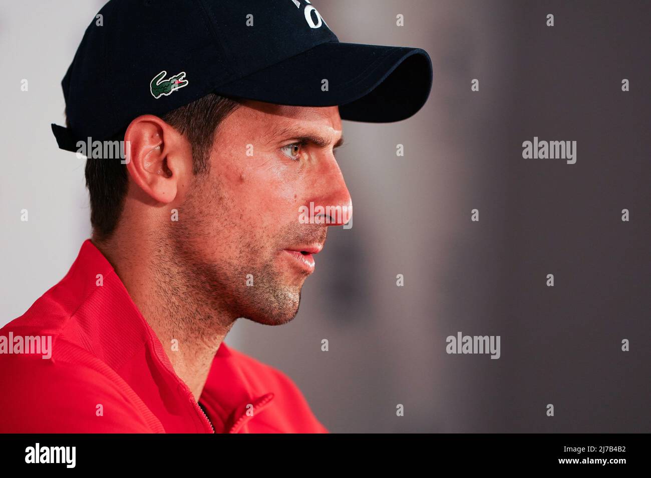 Novak Djokovic gesehen während einer Pressekonferenz bei den Mutua Madrid Open im La Caja Magica in Madrid. (Foto von Atilano Garcia / SOPA Images/Sipa USA) Stockfoto