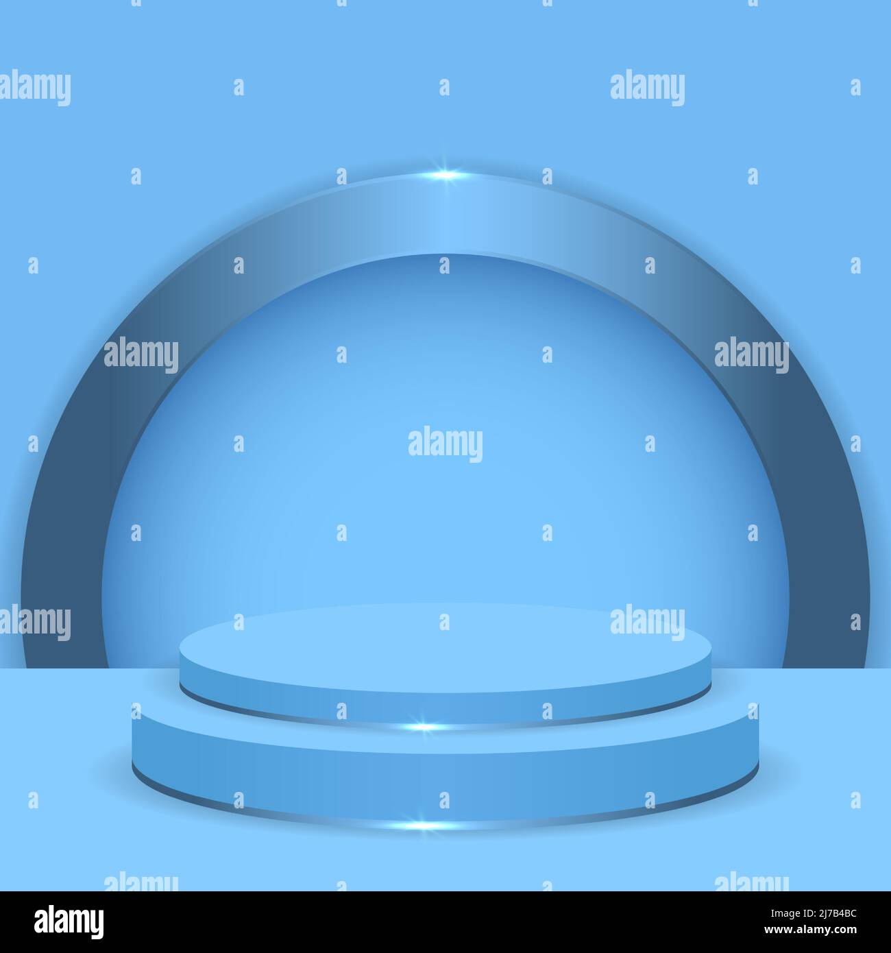 Hellblaues 3D realistisches Podium auf blauem Hintergrund mit metallisch blauem Bogen. Dreidimensionaler Bühnenpodest oder Plattform. Abstrakte runde Anzeigeszene Stock Vektor