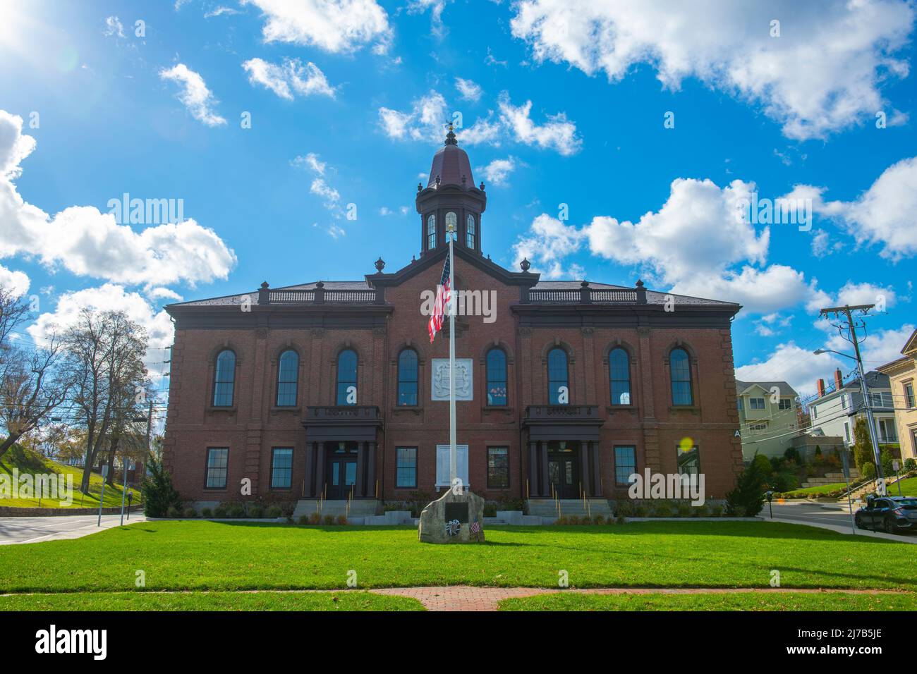 Plymouth Town Hall in der 26 Court Street im historischen Stadtzentrum von Plymouth, Massachusetts, USA. Stockfoto