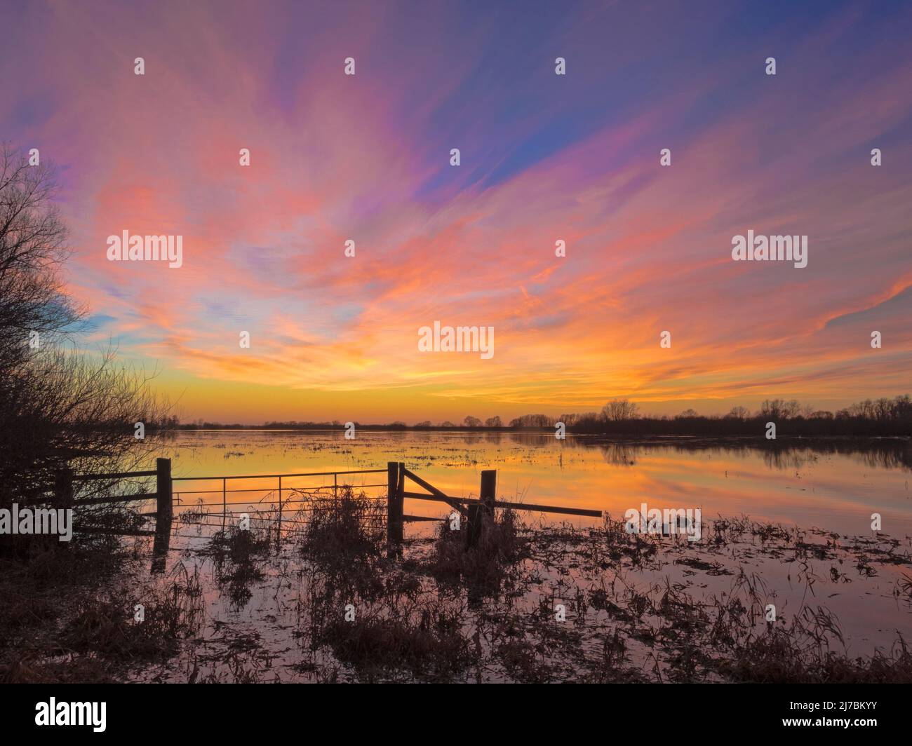 Dramatischer Abendhimmel nach Sonnenuntergang über der Ouse wäscht im Winter Flut, Sutton Gault, Cambridgeshire Stockfoto