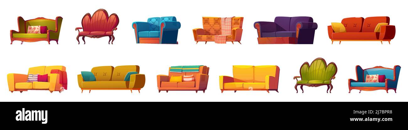 Cartoon Sofas und Sofas Möbel isoliert gesetzt. Klassisches und modernes Design aus Leder, Stoff, geknöpfte gesteppte Polsterung mit Kissen, Interio Stock Vektor