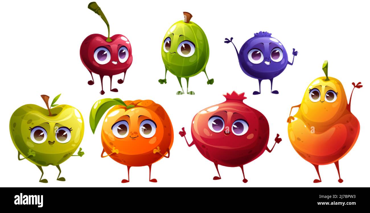 Cartoon Früchte und Beeren Zeichen, fröhlich frische Kirsche, Stachelbeere, Heidelbeere und Apfel, Mandarine, Granat und Birne, Kindermenüs mit Fu Stock Vektor
