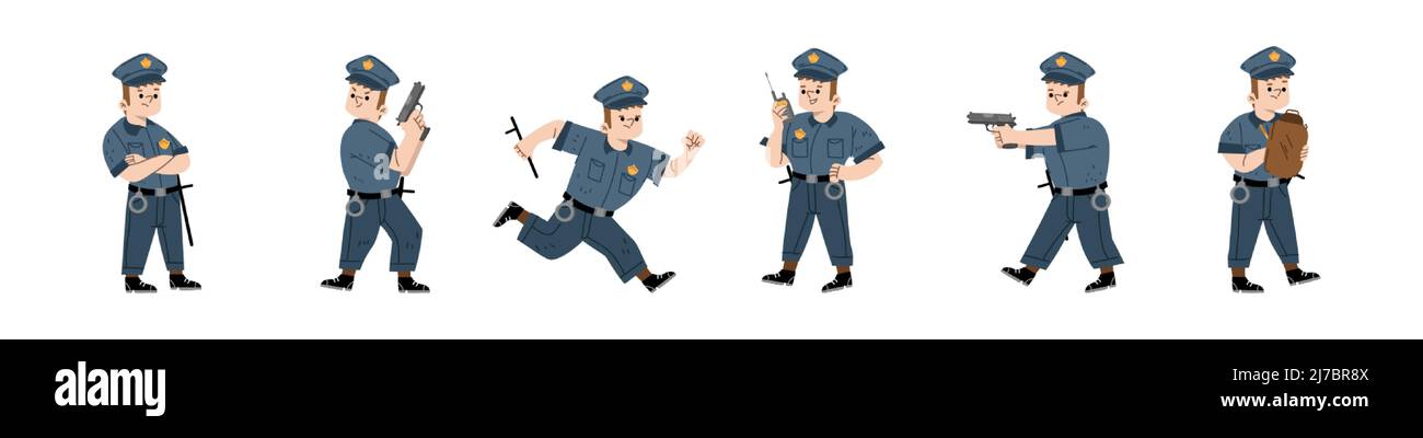 Kind im Polizist-Kostüm mit Mütze, Schlagstock und Handschellen. Vector flache Illustration des Jungen spielen Polizeioffizier mit Walkie Talkie, mit Waffe zielen und Stock Vektor