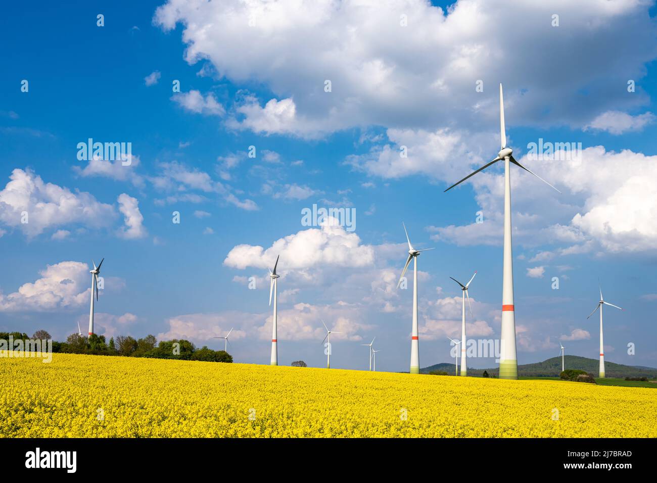 Windenergieanlagen in einem blühenden Rapsfeld in Deutschland gesehen Stockfoto