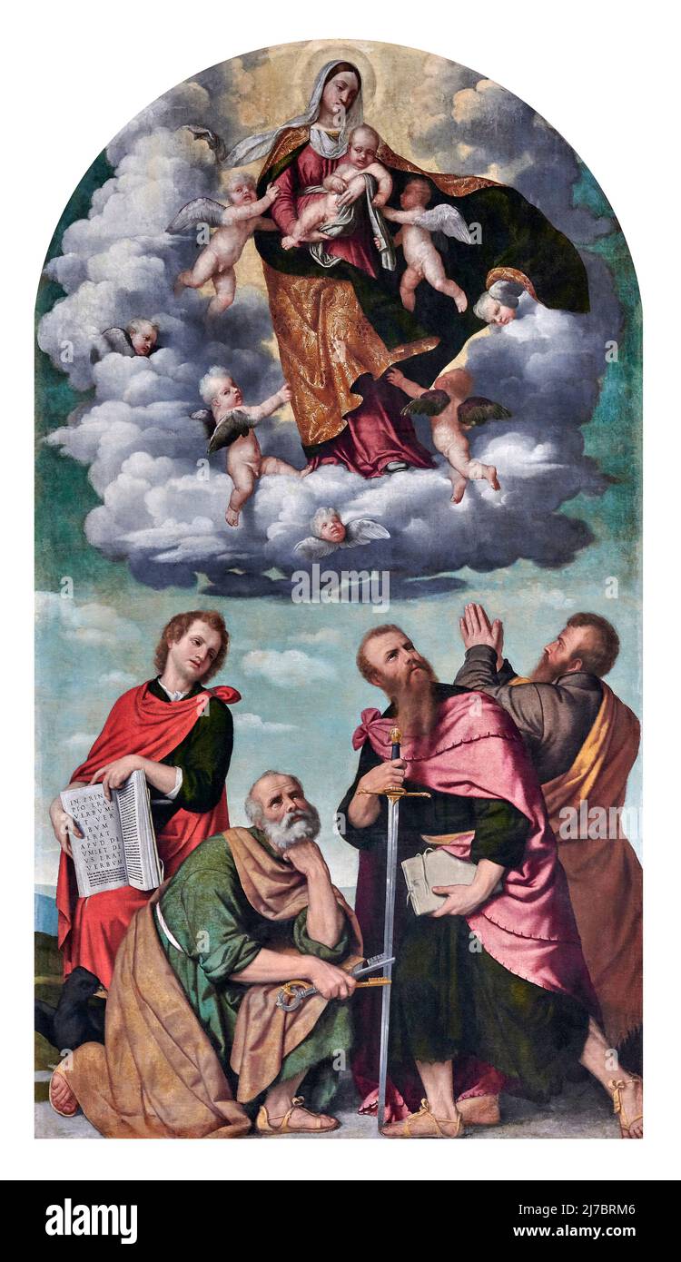 Madonna col Bambino con S.Giovanni Evangelista,S. Paolo, S. Pitro e un devoto - olio su tela - Giovanni Battista Moroni - 1549 - Orzivecchi (Bs) ,IT Stockfoto