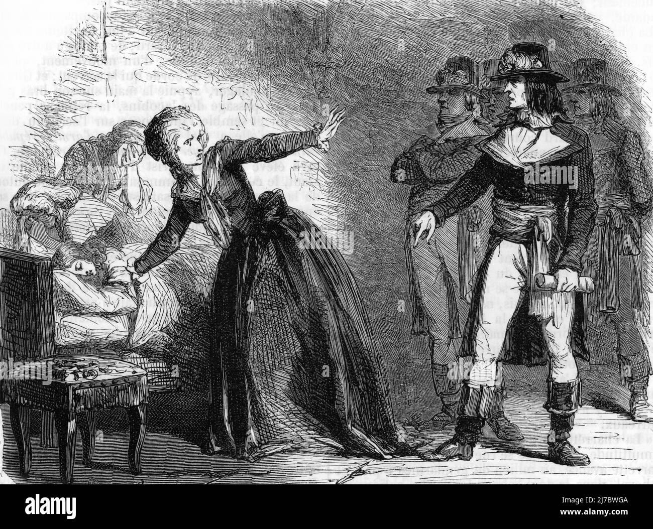 Revolution Francaise : 'La reine Marie Antoinette est separee de son fils Louis Charles (Louis XVII) le 13 juillet 1793 qui sera confie au savetier Simon' (Königin Marie Antoinette wird von seinem Sohn Louis XVII getrennt (Louis Charles, Herzog der Normandie) das Gefängnis des Tempels 13.. juli 1793) Gravure tiree de 'Causes chamebres' de Fouquier 1861 Collection privee Stockfoto