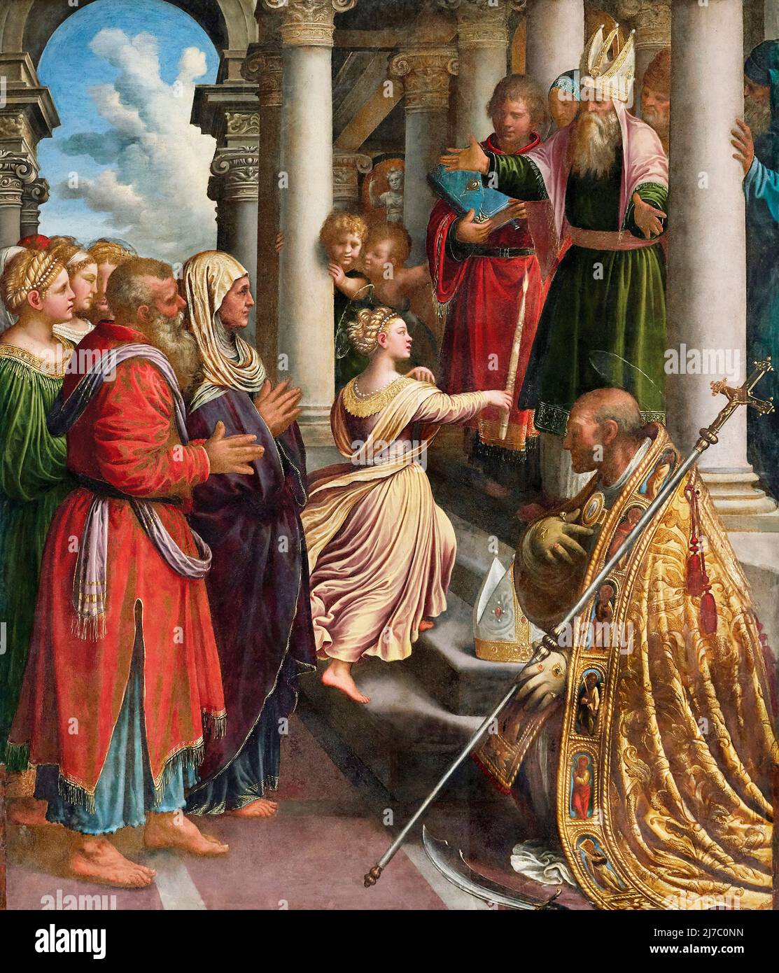 La Beata Vergine al tempio con S.Tommaso da Canterbury - olio su legno - Girolamo da Treviso - 1530- Bologna, Italia, chiesa di San Salvatore Stockfoto