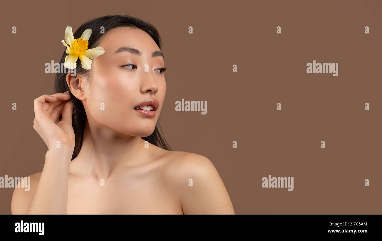 Kosmetikkonzept. Asiatische Dame mit Narzissenblüte im Haar Blick neben den freien Raum über braunen Hintergrund, Panorama Stockfoto