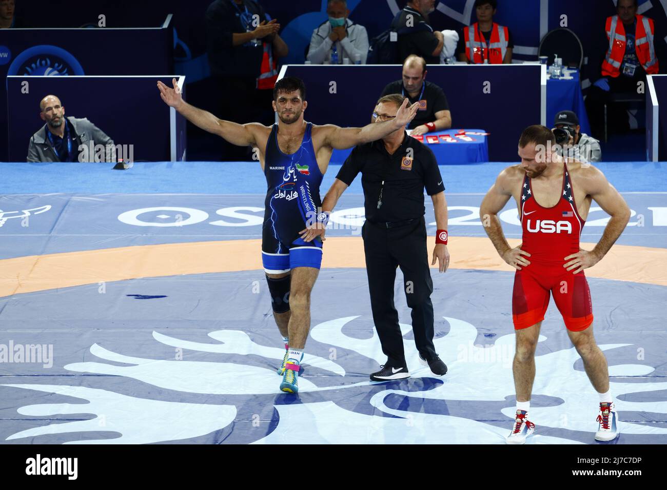 Hassan Yazdani gewann David Taylor - 2021 Wrestling Championships in Oslo - Finale 86Kg Stockfoto