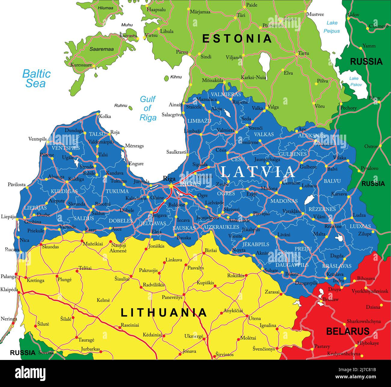 Sehr detaillierte Vektorkarte von Lettland mit Verwaltungsgebieten, Hauptstädten und Straßen. Stock Vektor