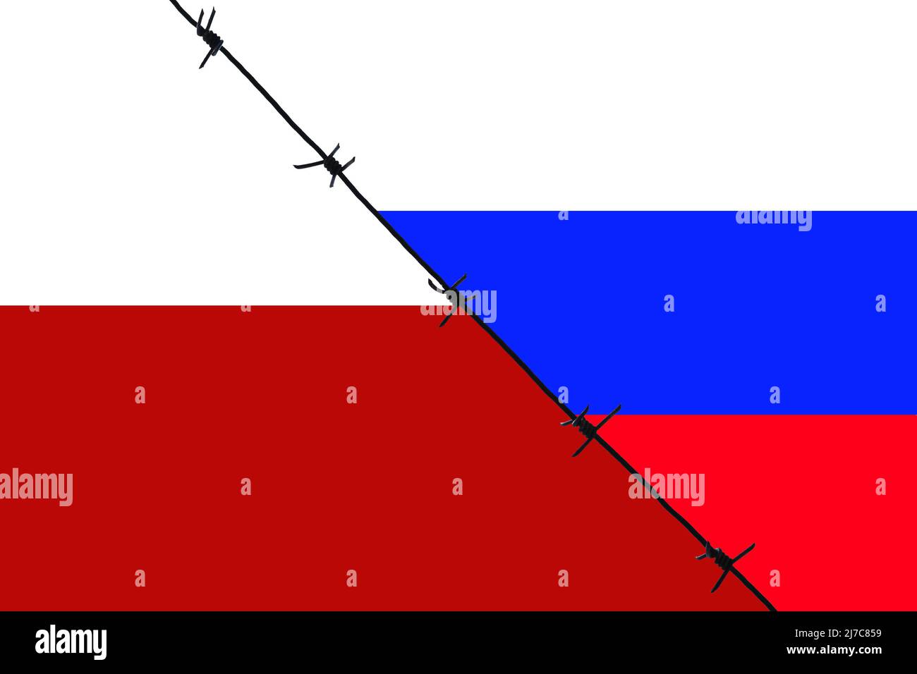Stacheldraht, der die Flaggen Polens und Russlands trennt. Stacheldraht ist ein Symbol für Konflikte. Stockfoto