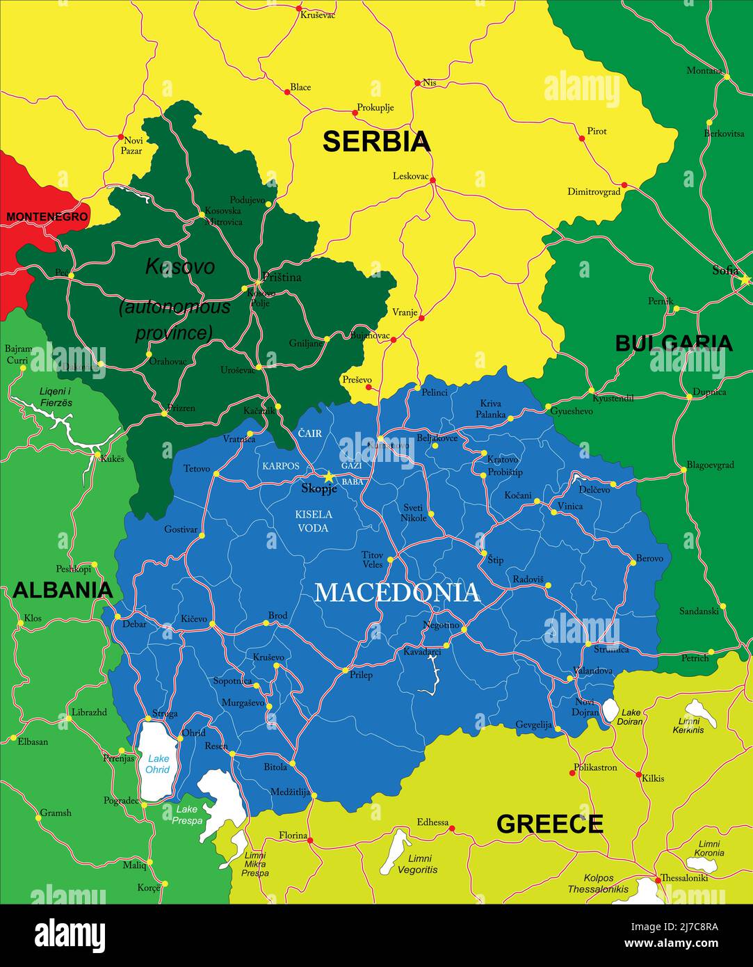 Sehr detaillierte Vektorkarte von Mazedonien mit Verwaltungsregionen, Hauptstädten und Straßen. Stock Vektor