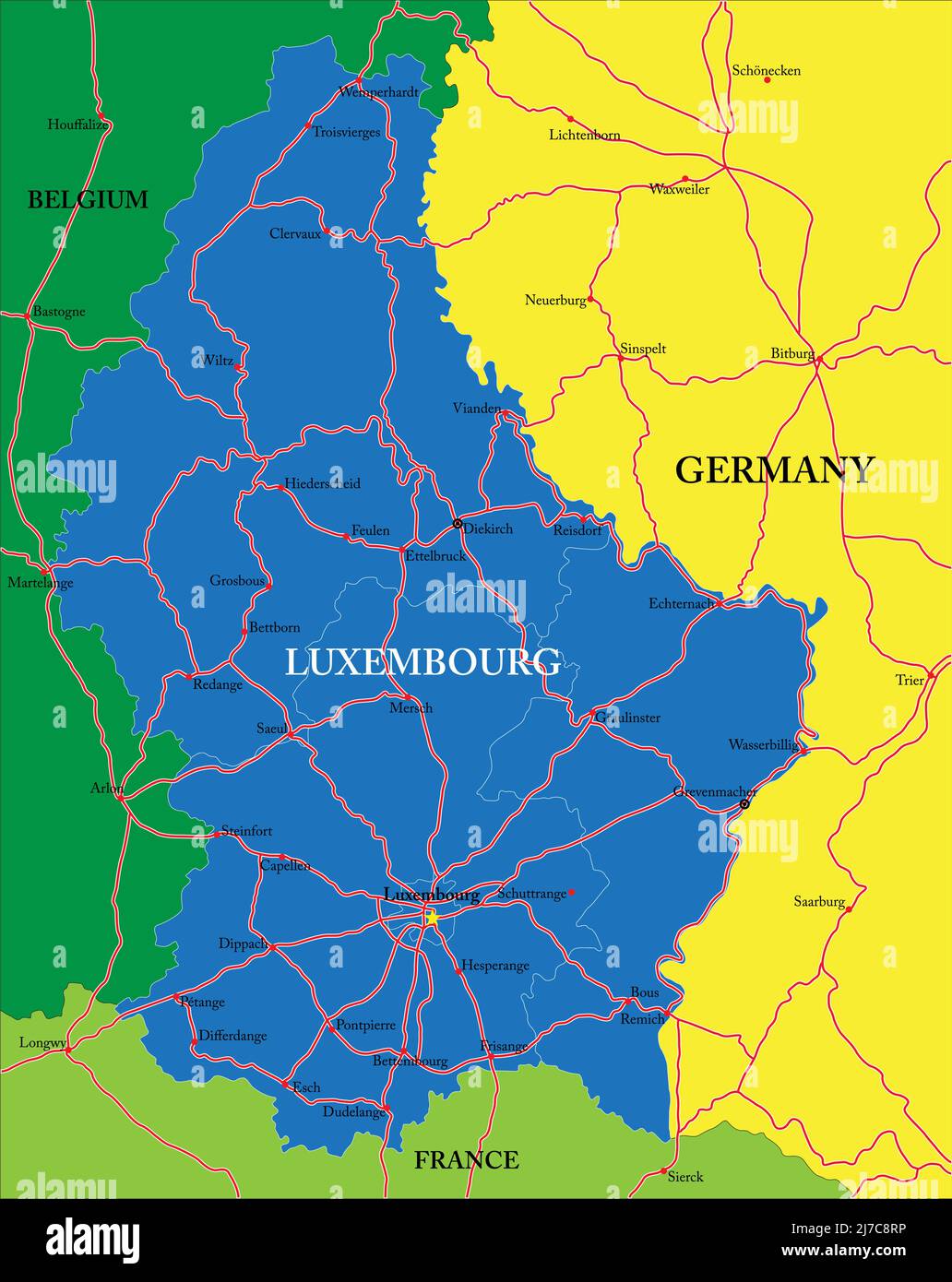 Sehr detaillierte Vektorkarte von Luxemburg mit Verwaltungsregionen, Hauptstädten und Straßen. Stock Vektor