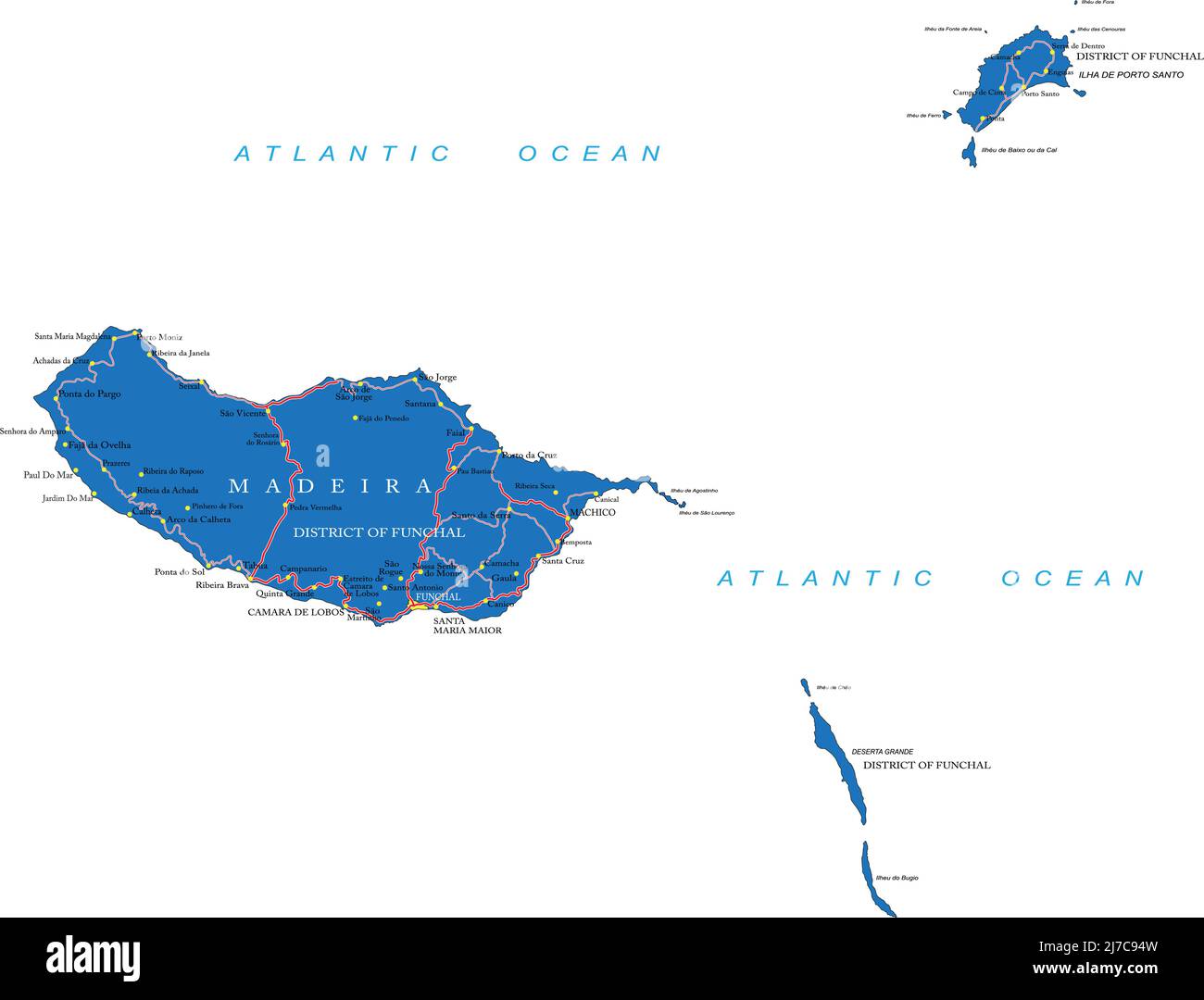 Sehr detaillierte Vektorkarte von Madeira mit Verwaltungsregionen, Hauptstädten und Straßen. Stock Vektor