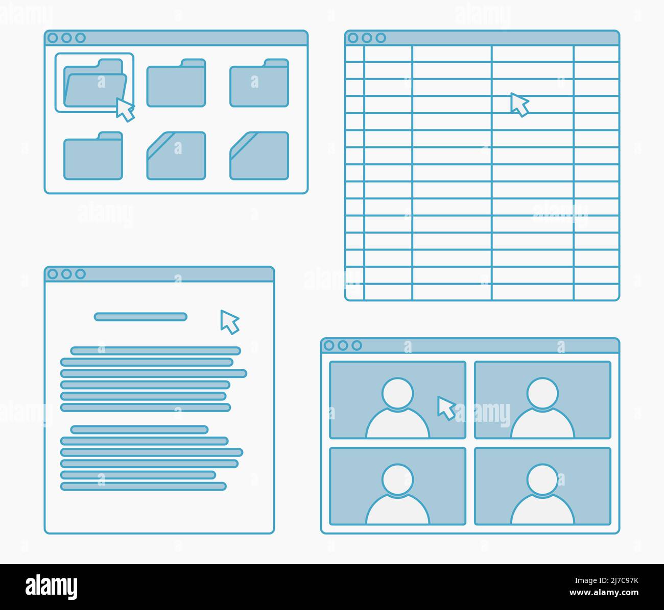 Desktop App Fenster Set Blatt Bericht Video Konferenz Ordner Vektor flache Illustration Stock Vektor