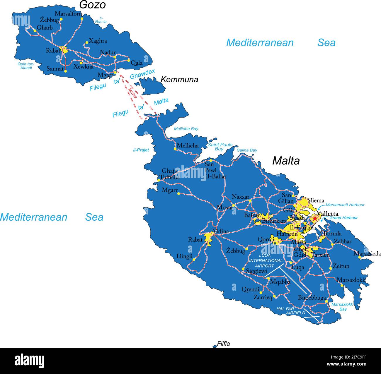 Sehr detaillierte Vektorkarte von Malta mit Verwaltungsregionen, Hauptstädten und Straßen. Stock Vektor