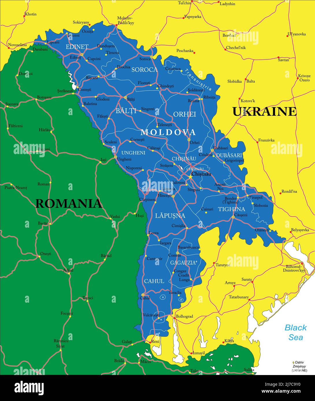 Hochdetaillierte Vektorkarte von Moldawien mit Verwaltungsregionen, Hauptstädten und Straßen. Stock Vektor