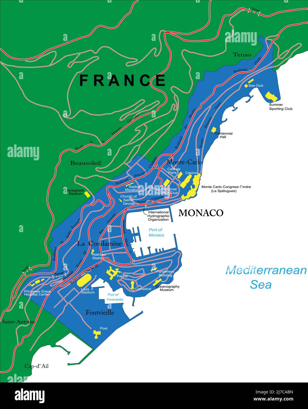Sehr detaillierte Vektorkarte von Monaco mit Verwaltungsregionen, Hauptstädten und Straßen. Stock Vektor