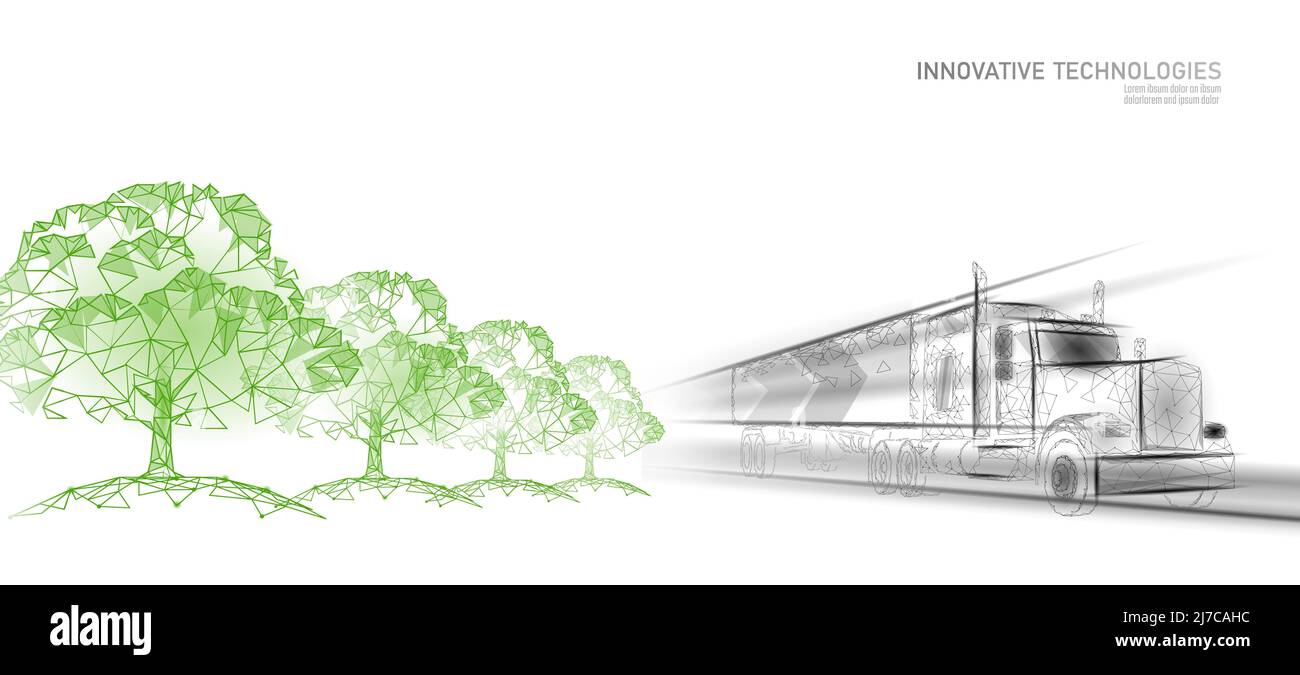 Biokraftstoff-LKW. Ökologie Wissenschaft Chemie Biotechnologie Öko Konzept. Erneuerbare Bioraffinerie organisches Gas 3D macht polygonale Innovationstechnologie Vektor Stock Vektor