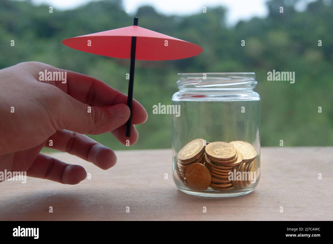 Hand hält einen kleinen roten Regenschirm über Goldmünzen in einem Glas auf einem Holztisch. Nahaufnahme von Goldmünzen in einem Glas mit der Hand hält den Regenschirm für Prote Stockfoto
