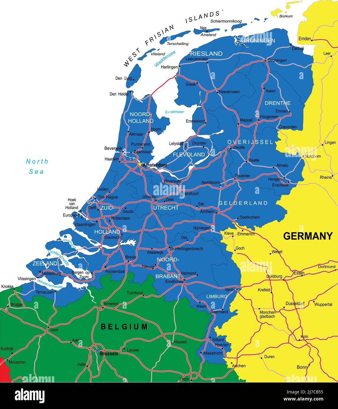 Sehr detaillierte Vektorkarte der Niederlande mit Verwaltungsregionen, Hauptstädten und Straßen. Stock Vektor