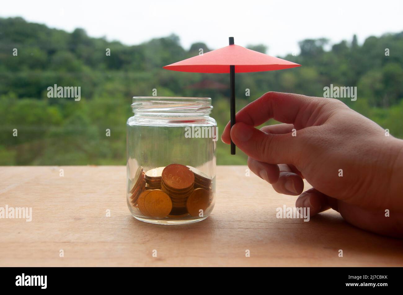 Hand hält einen kleinen roten Regenschirm über Goldmünzen in einem Glas auf einem Holztisch. Nahaufnahme von Goldmünzen in einem Glas mit der Hand hält den Regenschirm für Prote Stockfoto