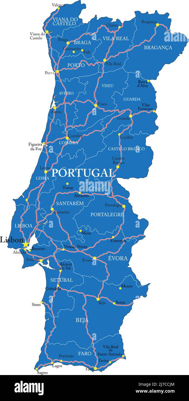 Sehr detaillierte Vektorkarte von Portugal mit Verwaltungsregionen, Hauptstädten und Straßen. Stock Vektor