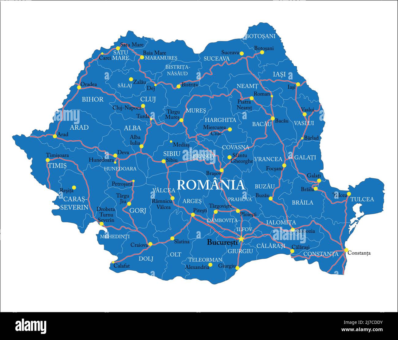 Hochdetaillierte Vektorkarte von Rumänien mit Verwaltungsregionen, Hauptstädten und Straßen. Stock Vektor