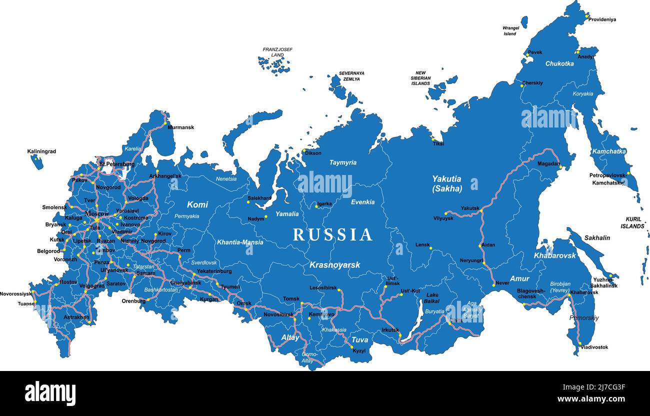 Sehr detaillierte Vektorkarte von Russland mit Verwaltungsregionen, Hauptstädten und Straßen. Stock Vektor