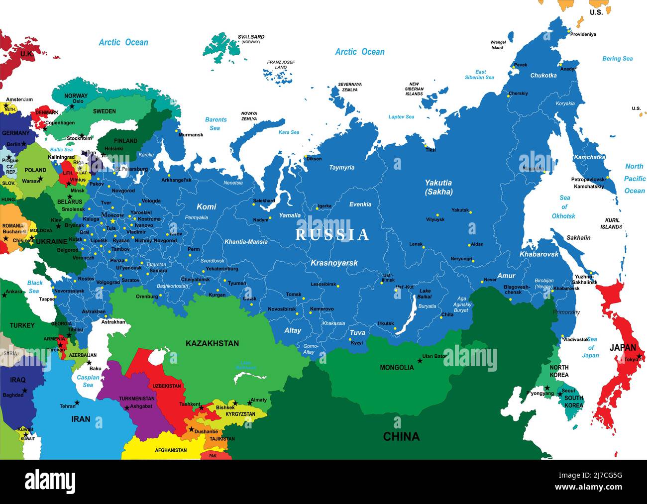 Hochdetaillierte Vektorkarte Russland mit Verwaltungsregionen, Hauptstädten und Straßen. Stock Vektor