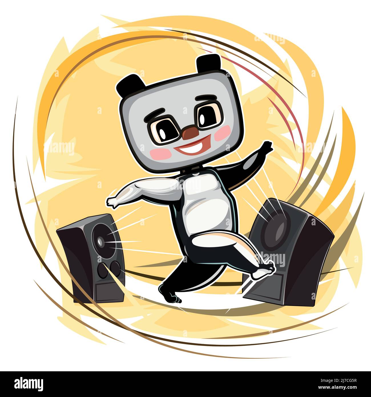 Glücklich niedlichen Panda Teddybär tanzen. Laute Musik aus den Lautsprechern. Tanz eines lustigen Tierkindes. Cartoon-Stil. Illustration für Kinder. Isoliert über Stock Vektor