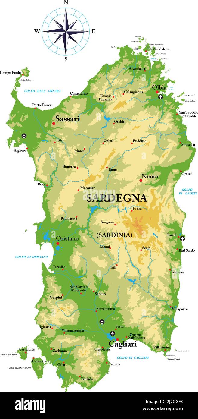 Sehr detaillierte physische Karte von Sardegna im Vektorformat, mit allen Reliefformen, Regionen und großen Städten. Stock Vektor